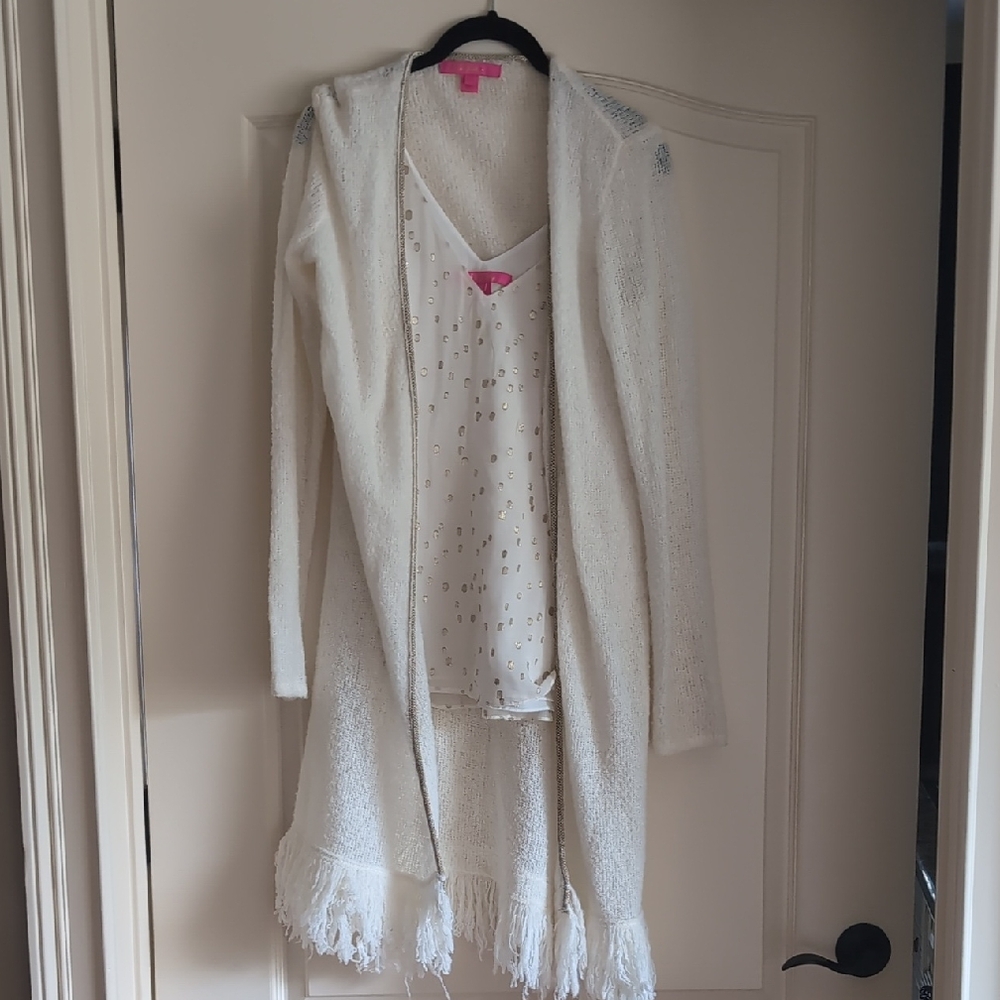 White Fringe Cardigan and Tank Set